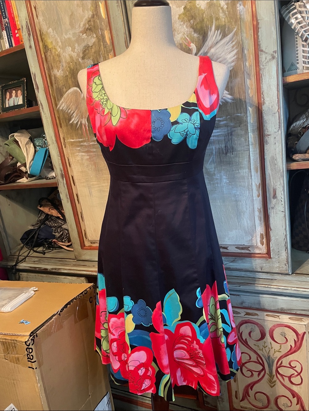 Nine West Black Floral Fit-and-Flare Dress with Red, Teal & Yellow Accents